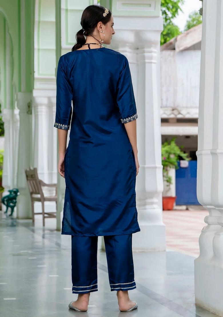Blue Embroidered Silk Blend Kurta Set - Indya