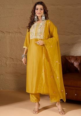 Yellow Embroidered Silk Blend Kurta Set