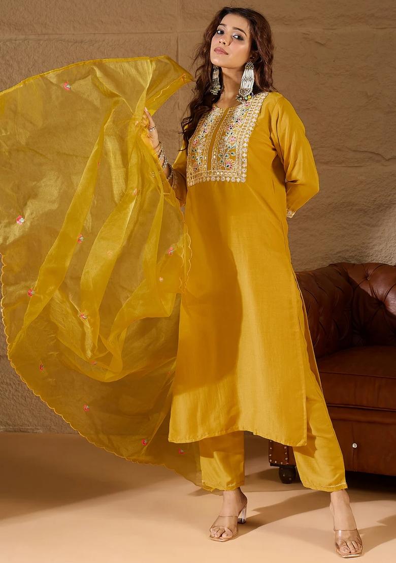 Yellow Embroidered Silk Blend Kurta Set - Indya