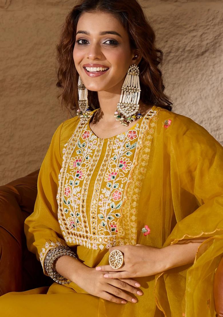 Yellow Embroidered Silk Blend Kurta Set - Indya