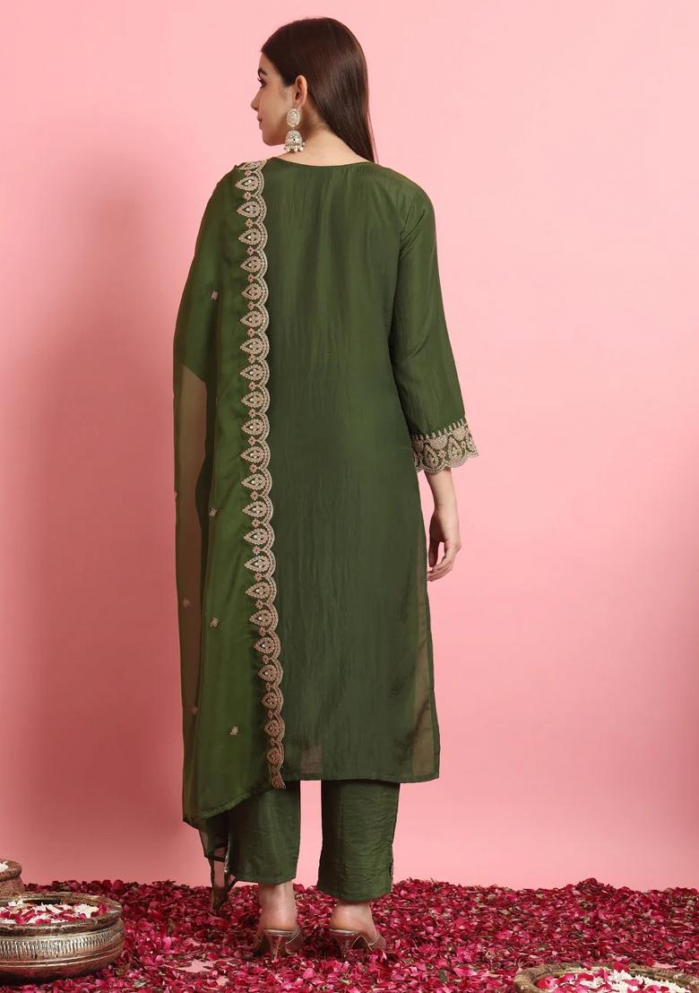 Green Embroidered Silk Blend Kurta Set - Indya