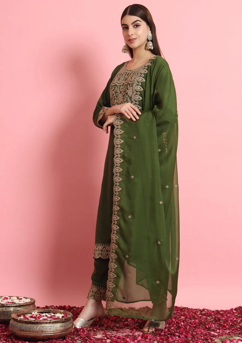 Green Embroidered Silk Blend Kurta Set - Indya