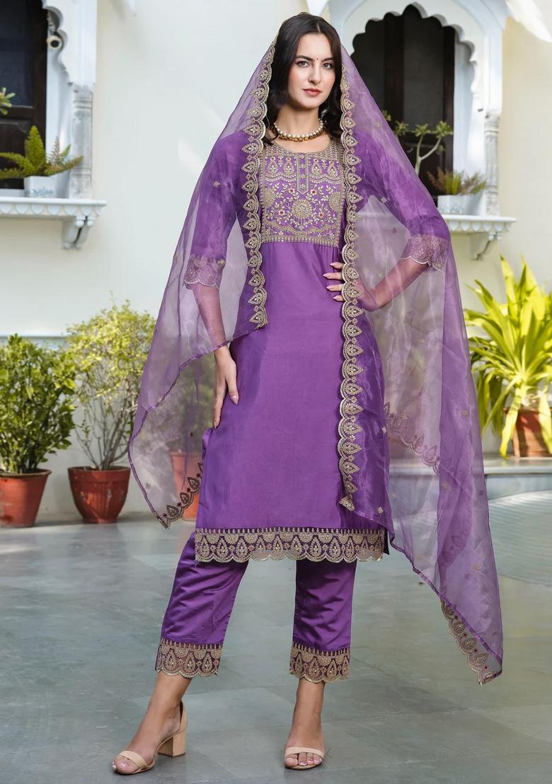Purple Embroidered Silk Blend Kurta Set - Indya