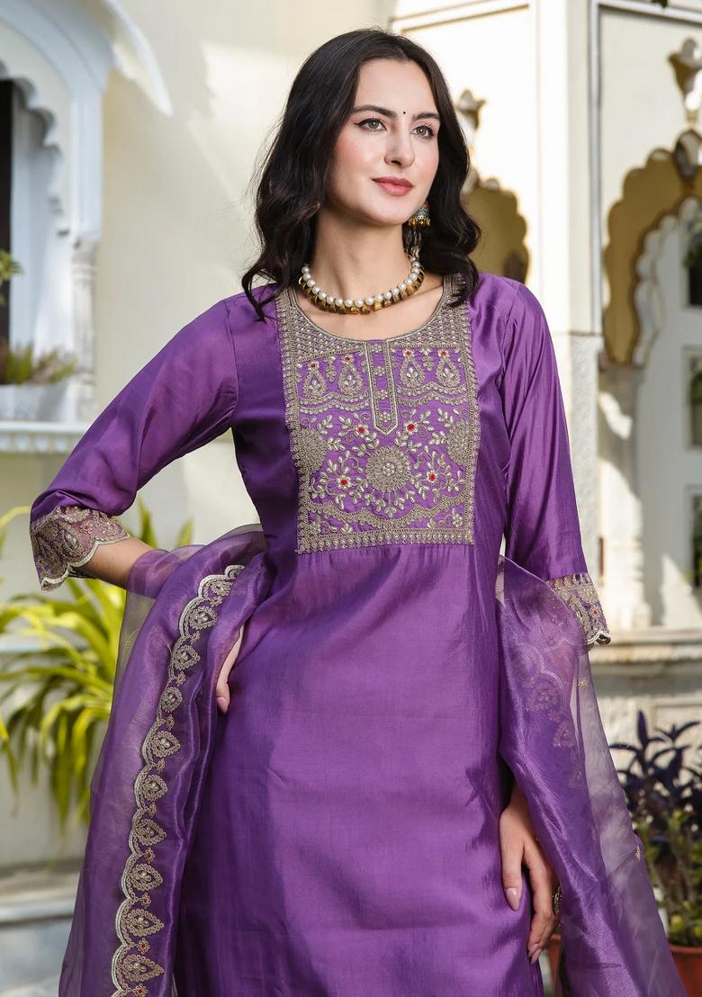 Purple Embroidered Silk Blend Kurta Set - Indya