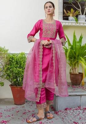 Pink Embroidered Silk Blend Kurta Set