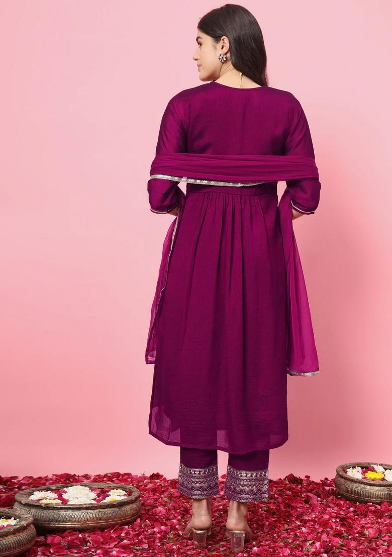 Purple Embroidered Silk Blend Kurta Set - Indya