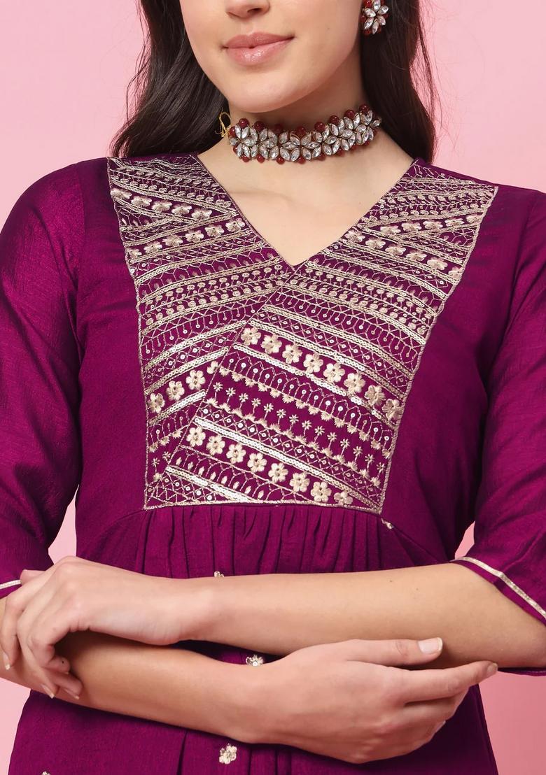 Purple Embroidered Silk Blend Kurta Set - Indya