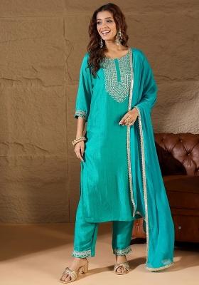 Sky Blue Embroidered Silk Blend Kurta Set