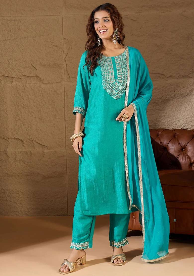 Sky Blue Embroidered Silk Blend Kurta Set - Indya
