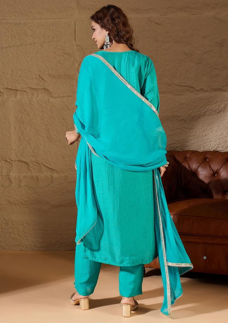 Sky Blue Embroidered Silk Blend Kurta Set - Indya