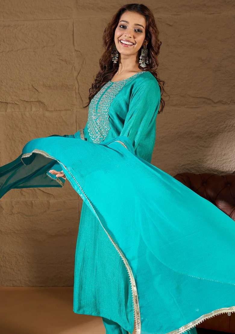 Sky Blue Embroidered Silk Blend Kurta Set - Indya