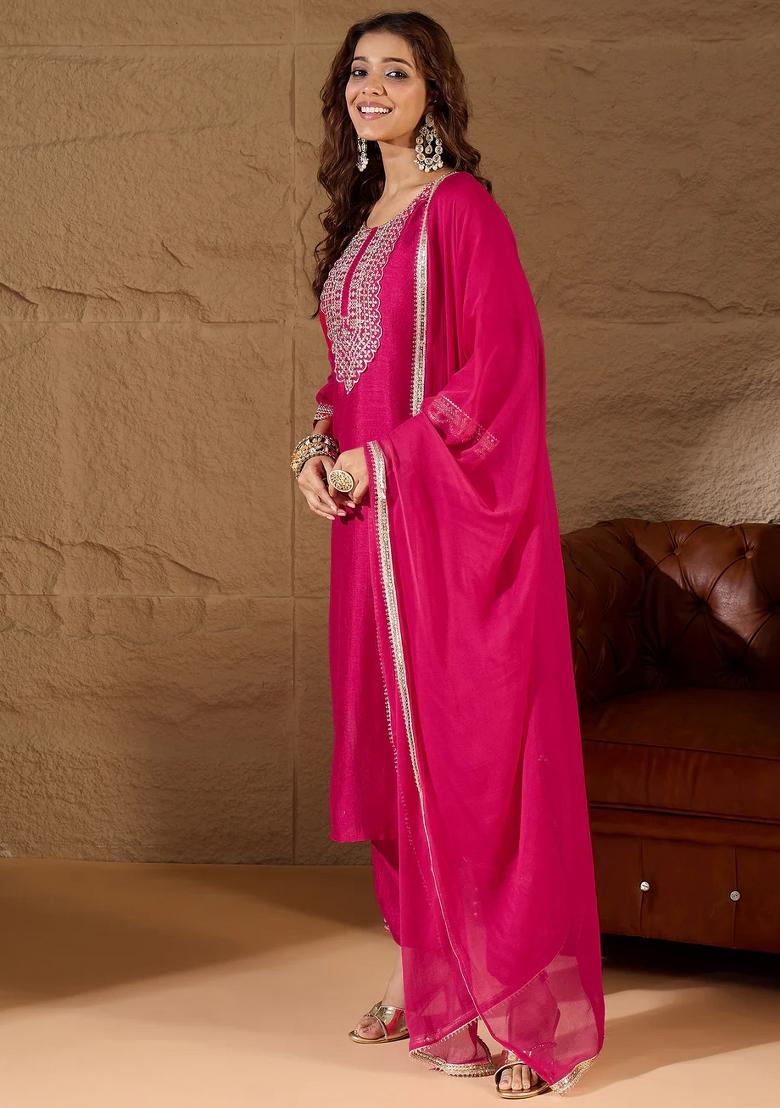 Pink Embroidered Silk Blend Kurta Set - Indya
