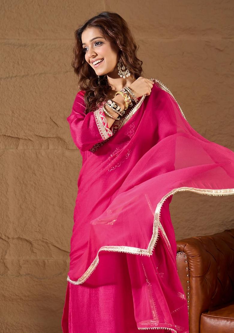 Pink Embroidered Silk Blend Kurta Set - Indya