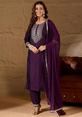 Purple Embroidered Silk Blend Kurta Set