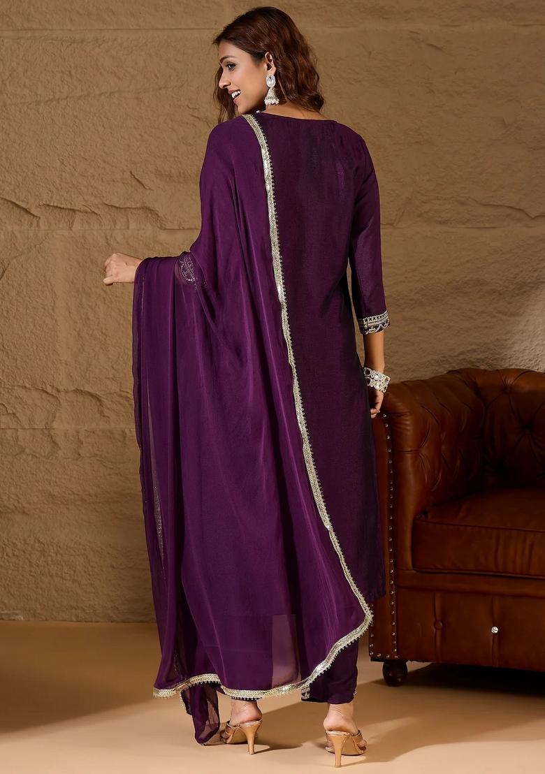 Purple Embroidered Silk Blend Kurta Set - Indya
