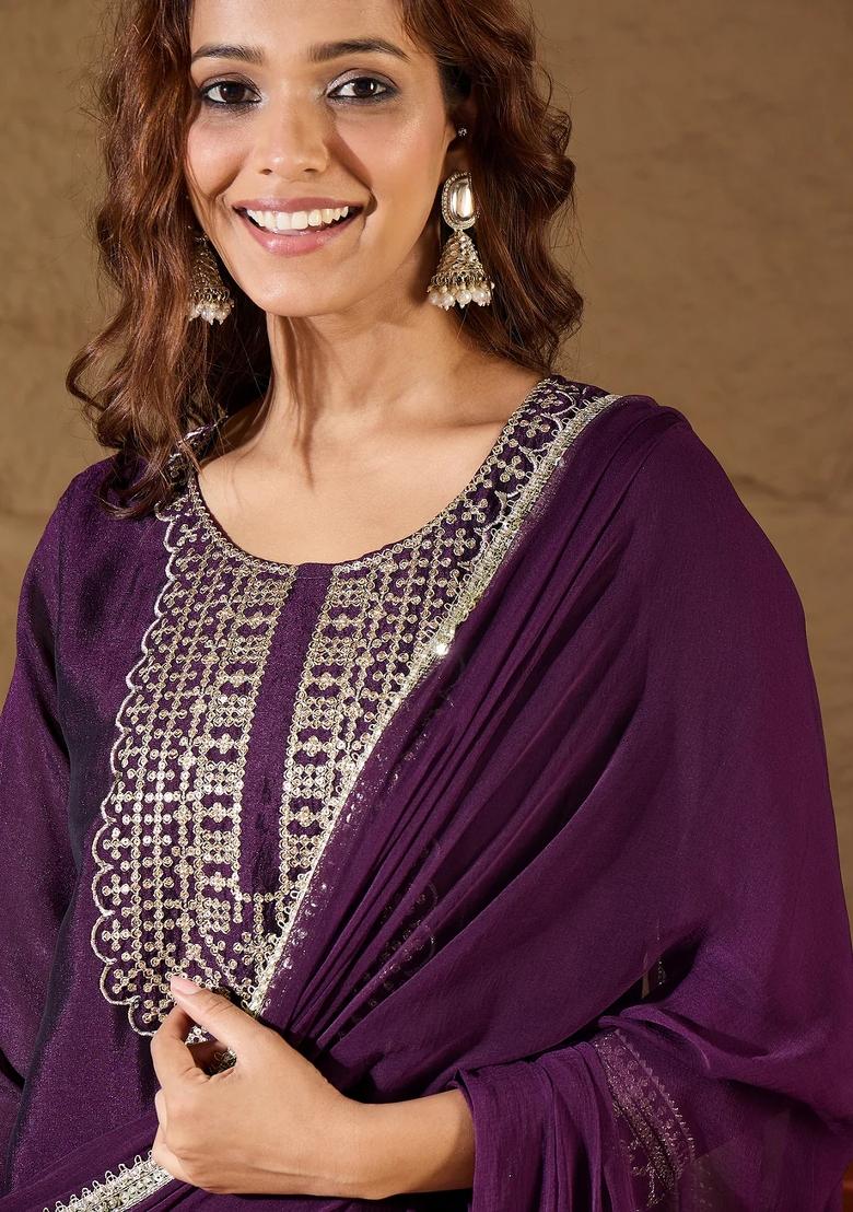 Purple Embroidered Silk Blend Kurta Set - Indya