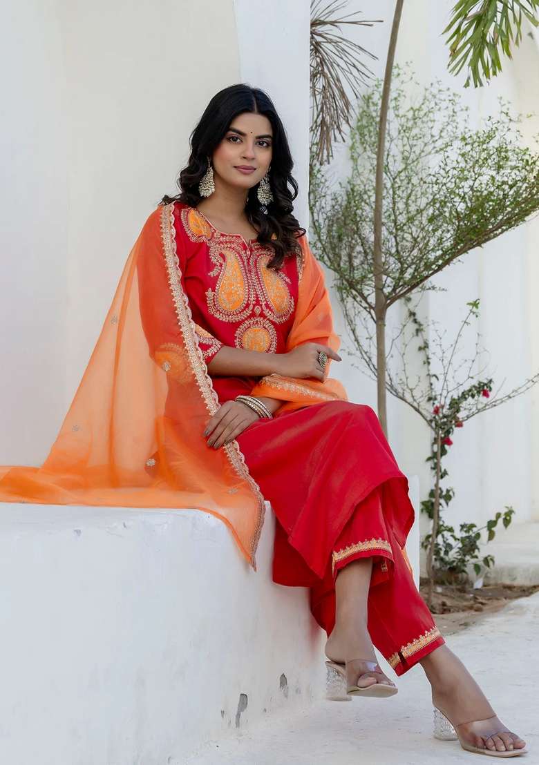 Orange Embroidered Cotton Kurta Set - Indya