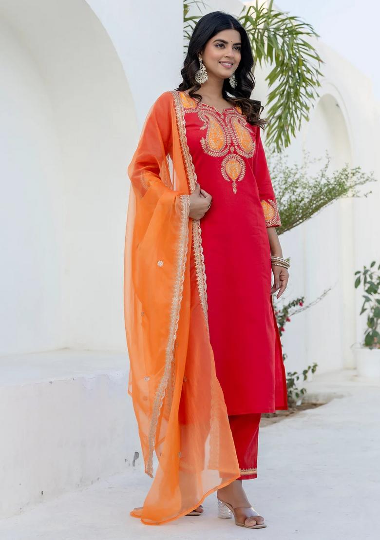 Orange Embroidered Cotton Kurta Set - Indya
