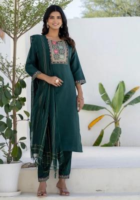 Green Embroidered Cotton Kurta Set