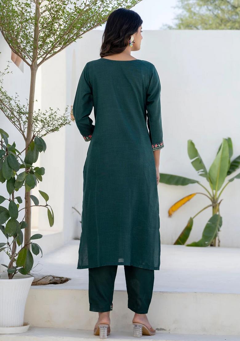 Green Embroidered Cotton Kurta Set - Indya