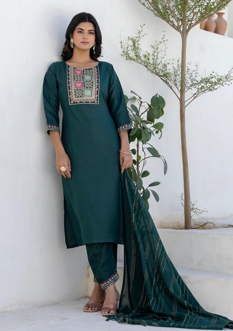 Green Embroidered Cotton Kurta Set - Indya