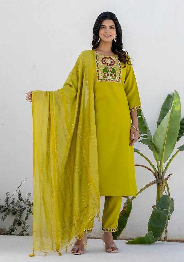 Yellow Embroidered Cotton Kurta Set - Indya