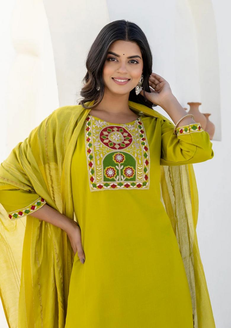 Yellow Embroidered Cotton Kurta Set - Indya