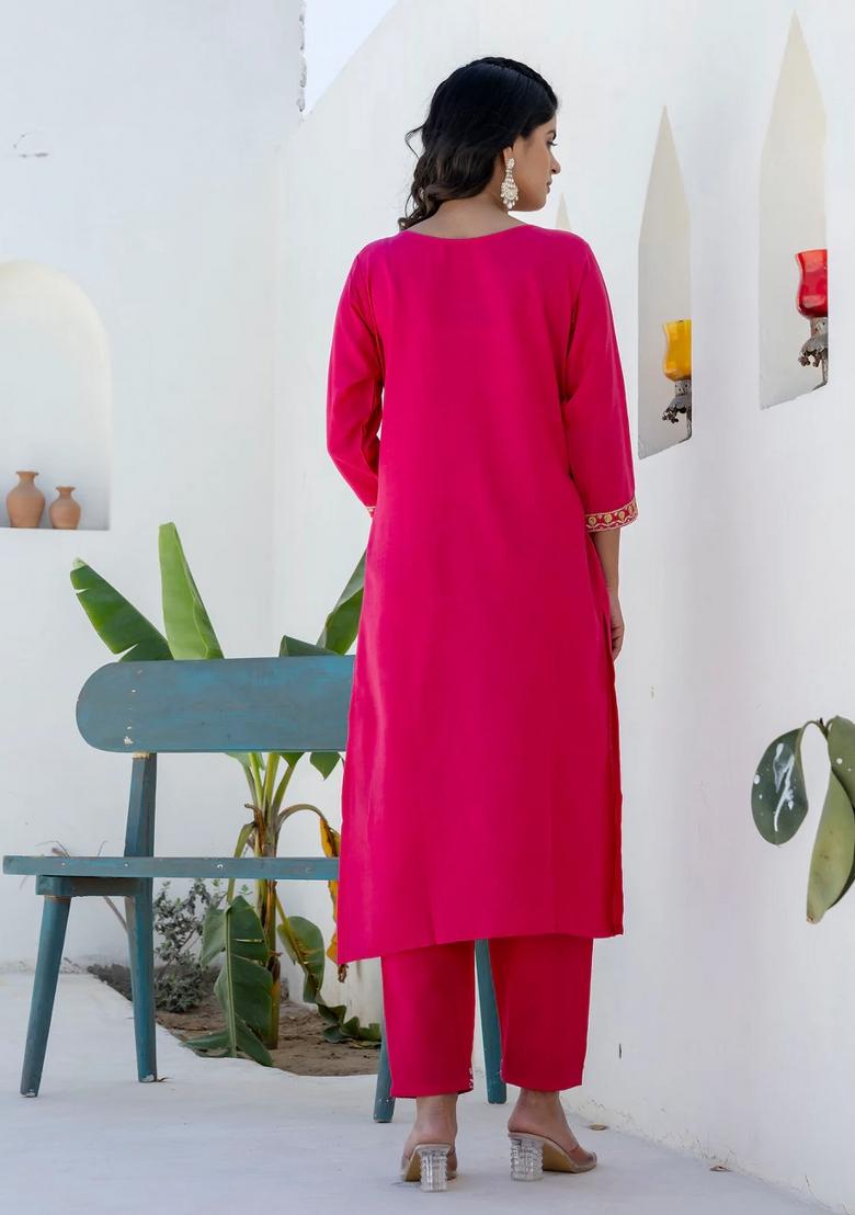 Pink Embroidered Cotton Kurta Set - Indya