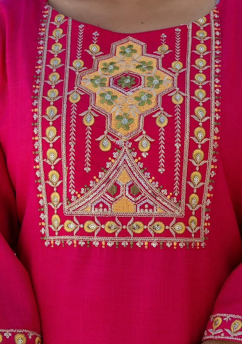 Pink Embroidered Cotton Kurta Set - Indya