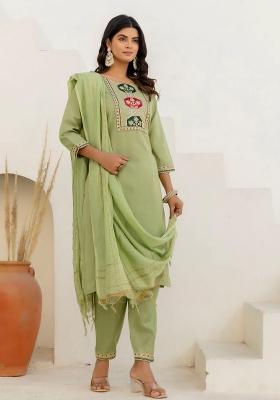 Green Embroidered Cotton Kurta Set