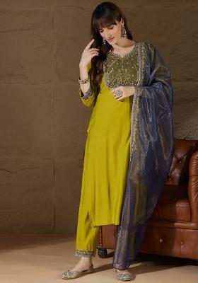 Yellow Embroidered Silk Blend Kurta Set
