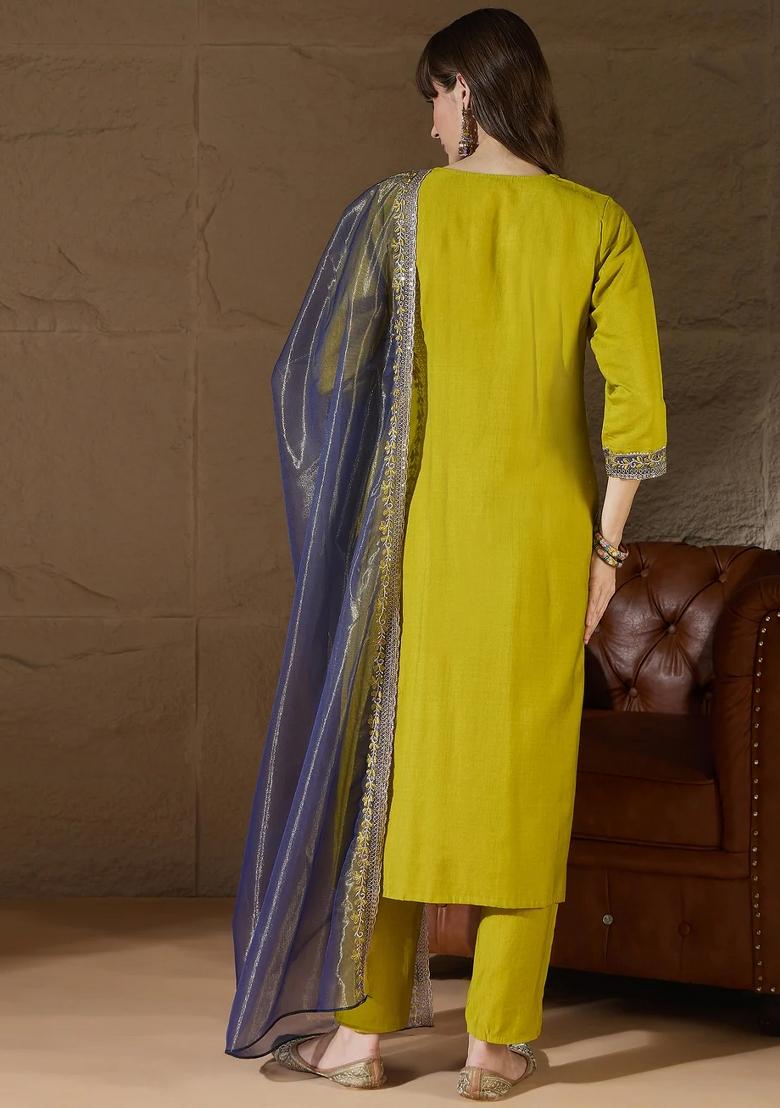 Yellow Embroidered Silk Blend Kurta Set - Indya