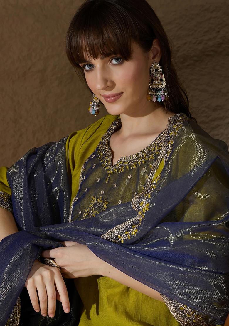 Yellow Embroidered Silk Blend Kurta Set - Indya