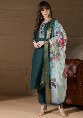 Green Embroidered Cotton Kurta Set