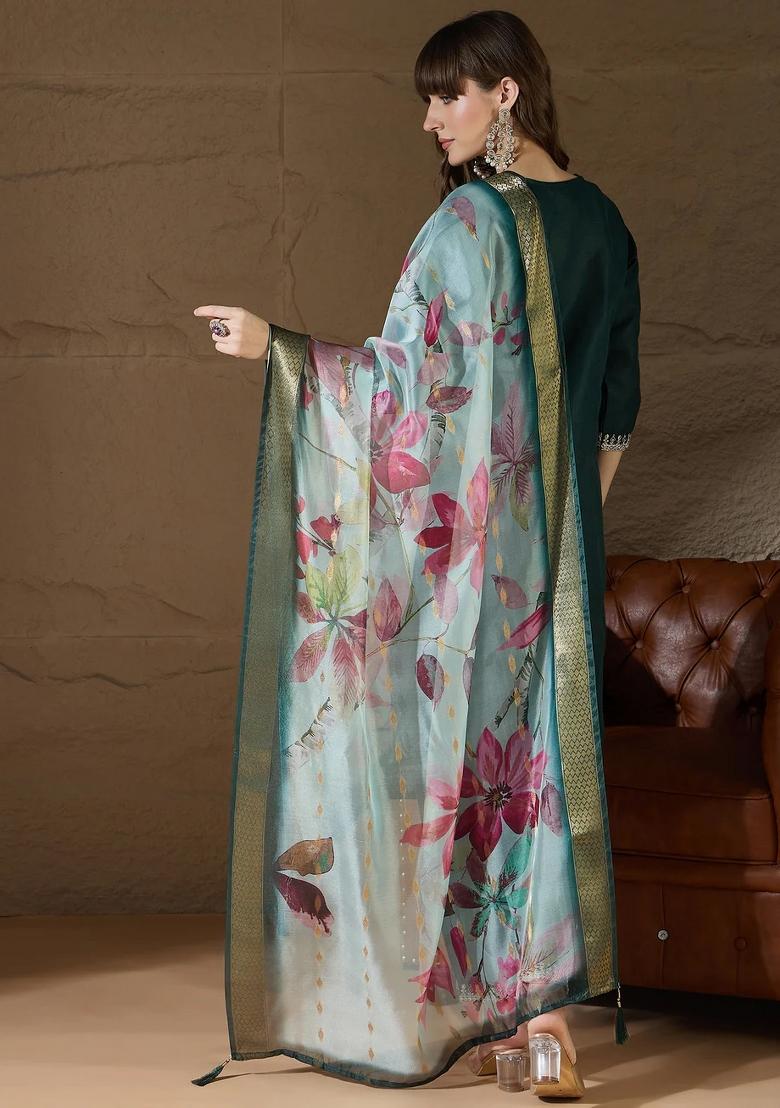 Green Embroidered Cotton Kurta Set - Indya