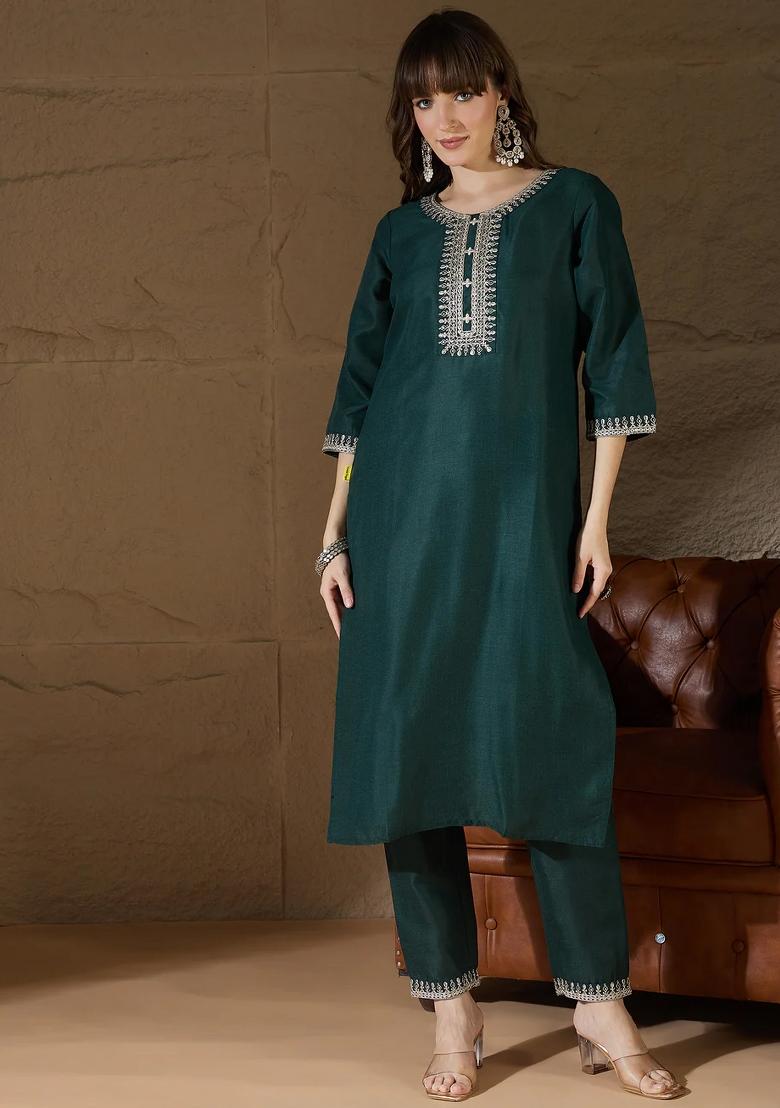 Green Embroidered Cotton Kurta Set - Indya