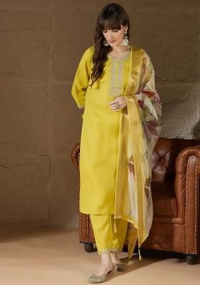 Yellow Embroidered Cotton Kurta Set