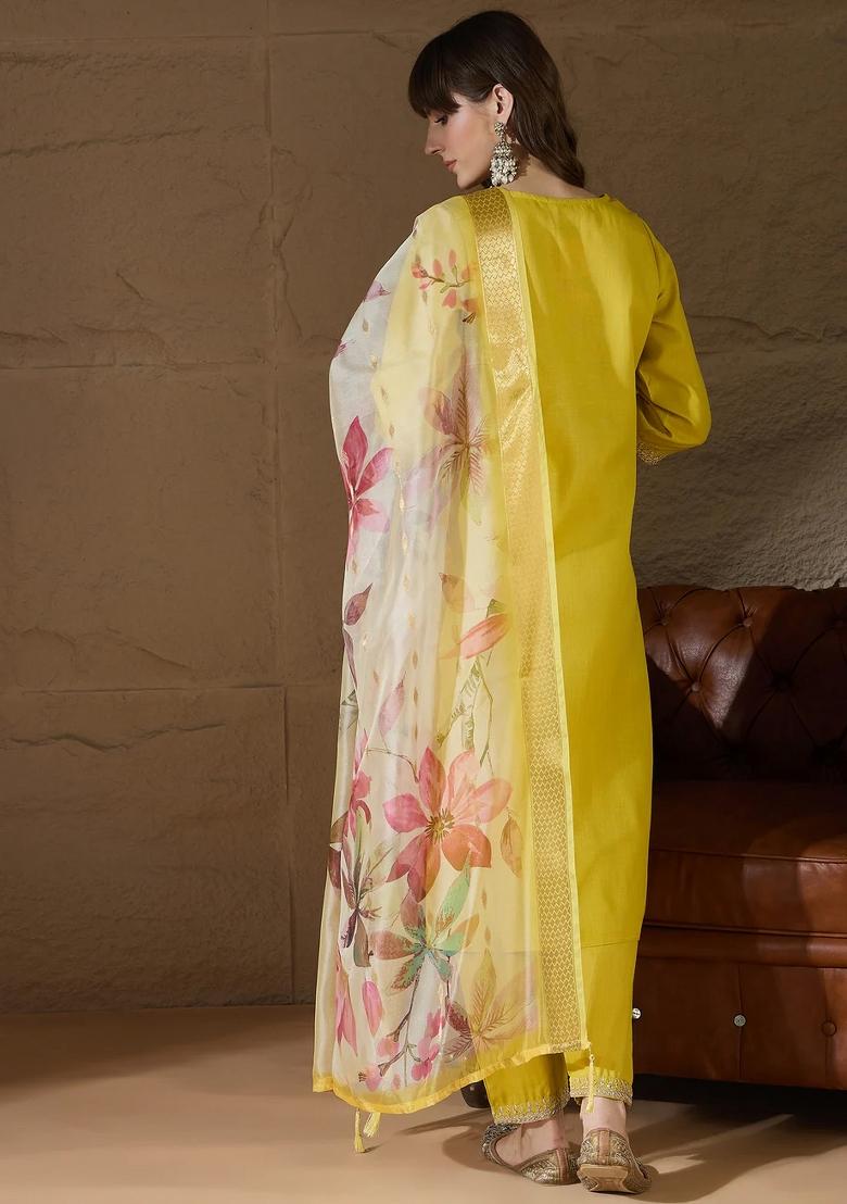 Yellow Embroidered Cotton Kurta Set - Indya