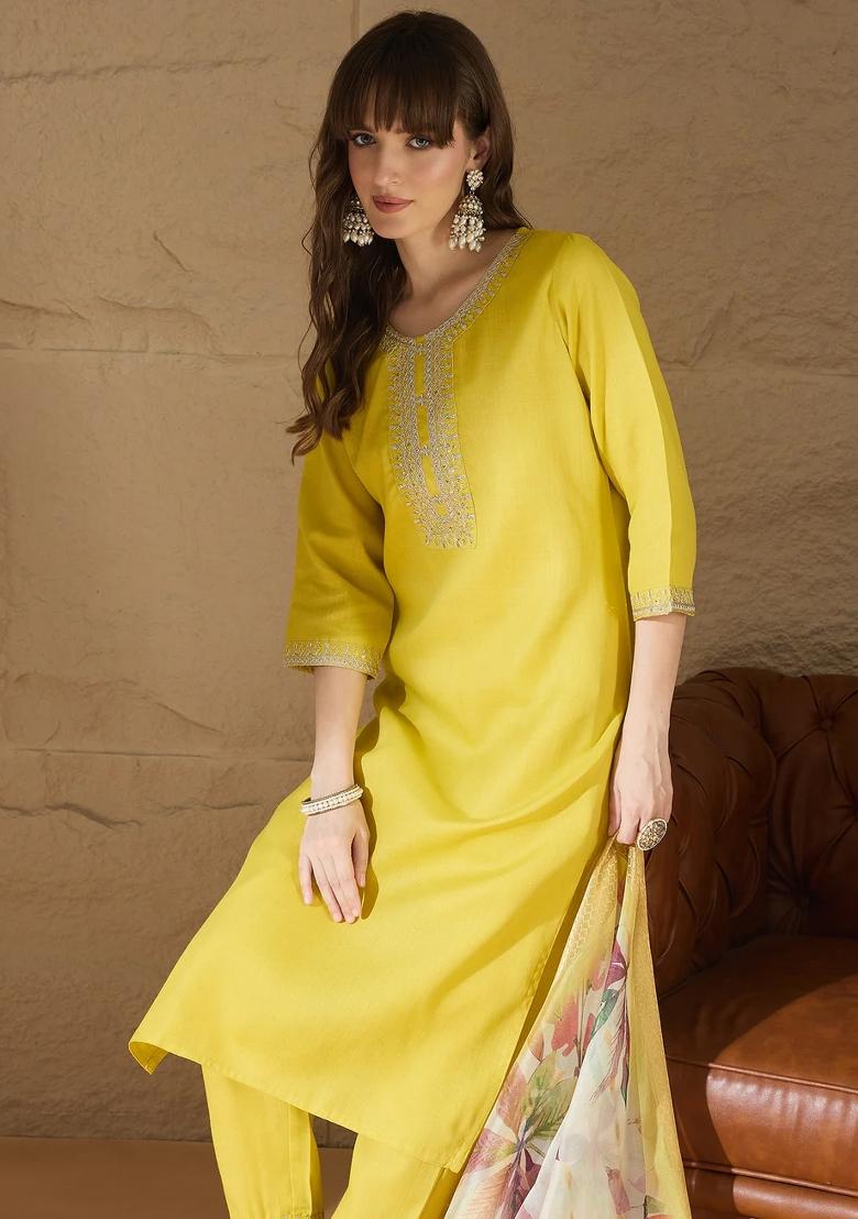 Yellow Embroidered Cotton Kurta Set - Indya