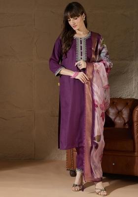 Purple Embroidered Cotton Kurta Set