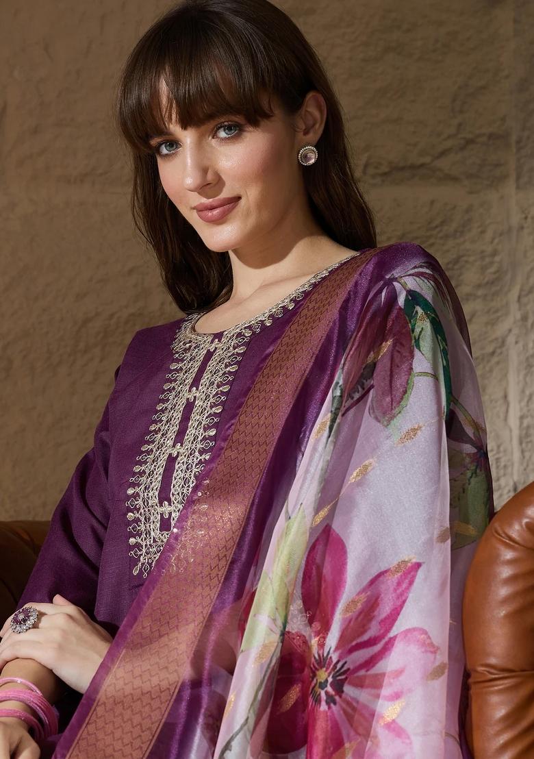 Purple Embroidered Cotton Kurta Set - Indya