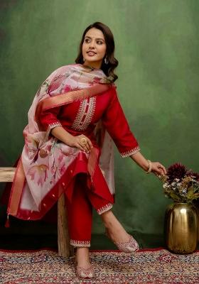 Red Embroidered Cotton Kurta Set