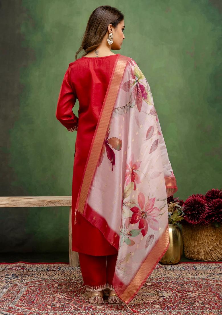 Red Embroidered Cotton Kurta Set - Indya