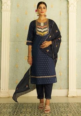 Blue Embroidered Silk Blend Kurta Set
