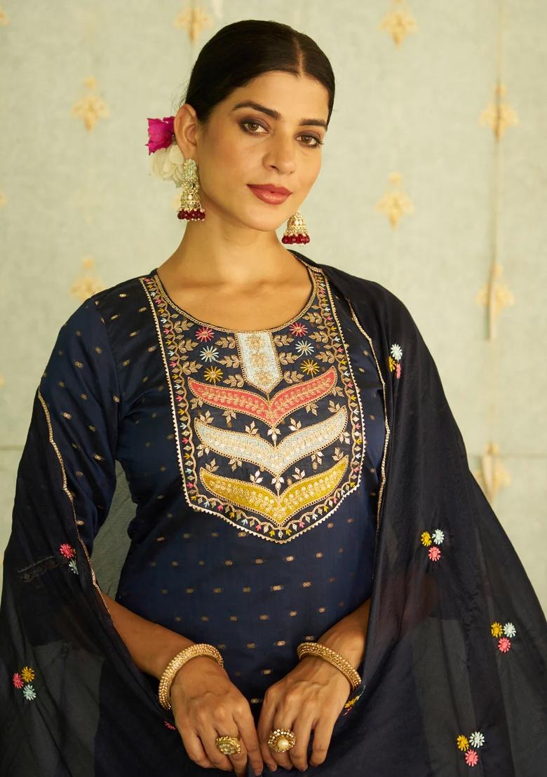 Blue Embroidered Silk Blend Kurta Set - Indya