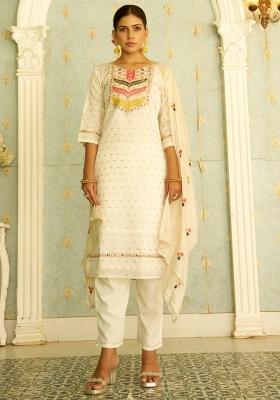 White Embroidered Silk Blend Kurta Set