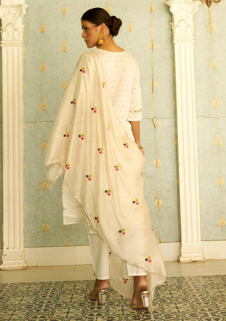 White Embroidered Silk Blend Kurta Set - Indya
