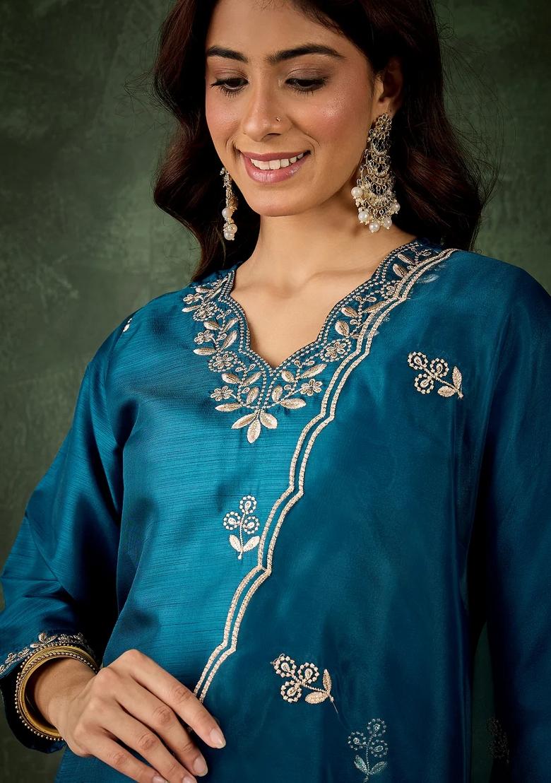 Blue Embroidered Silk Blend Kurta Set - Indya
