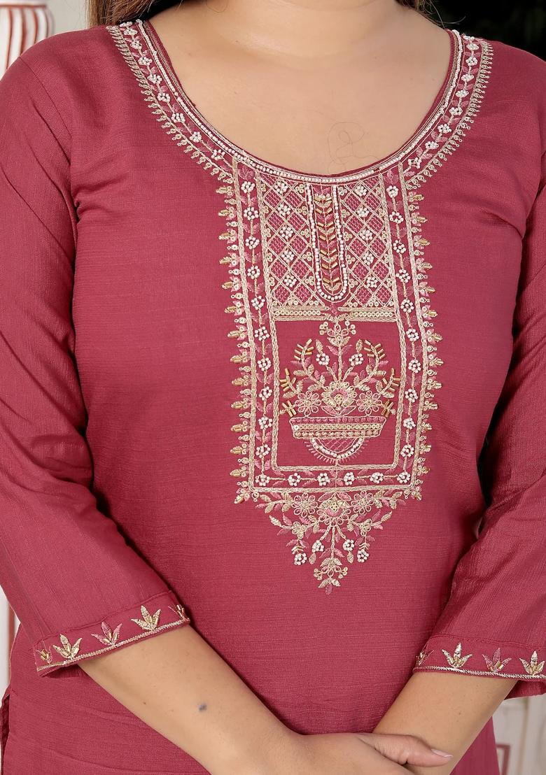 Red Embroidered Rayon Kurta Set - Indya