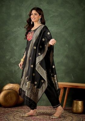 Black Embroidered Silk Blend Kurta Set
